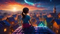 Little girl on the roof looking at a magical moonlit mountain village.?hildhood,children\'s imagination concept.