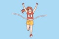 Little girl runner crosses finish line and raises hands up, winning sports marathon in running Royalty Free Stock Photo