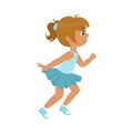 Little girl running in a blue dress, kid in a motion, a colorful character