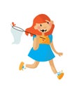 Little girl running in a bright dress with scoop-net and butterfly. Isolated flat illustration