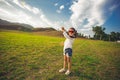 Little girl running with kite happy and smiling on summer field Royalty Free Stock Photo