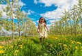 Little girl running in the middle of an apple orchard Royalty Free Stock Photo