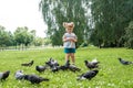 A little girl runs for pigeons.Baby Girl Chasing Pigeons In Outdoors City Park. cheerful happy childhood, runs laughing Royalty Free Stock Photo