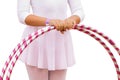 Little girl's hands holding Hula hoop massage hoop for weight loss on white background isolated Royalty Free Stock Photo