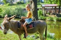 Little girl in the saddle riding on a donkey, in contact farm zoo Royalty Free Stock Photo