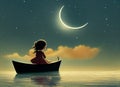 Little girl sailing on boat with moon on the background