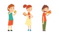 Little Girl with Sandwich and Boy Rejecting Eating Apple Fruit Vector Set