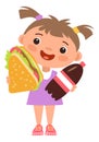 Little girl with sandwich and sweet drink bottle. Happy cartoon kid