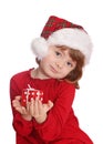 Little girl with santa hat and red gift box Royalty Free Stock Photo