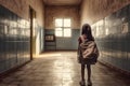 little girl with school backpack, in abandoned school corridor with blue ceramic tiles on walls, rear view, neural network