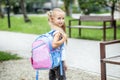 Little girl with a school backpack. The concept of school, study, education, friendship, childhood.