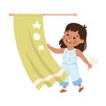 Little Girl with Scissors Cut Shower Curtains Having Bad Behavior Vector Illustration