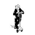 Little girl on a scooter. Front view. Monochrome vector illustration of happy cute girl in jumpsuit with stars riding a Royalty Free Stock Photo