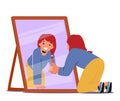 Little Girl Scrutinizing A Mirror, Examining Reflection Located In Front Mirror Standing on Floor Vector Illustration Royalty Free Stock Photo