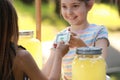 Little girl selling natural lemonade to kid in park