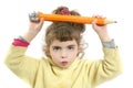 Little girl serious with big pencil in hand Royalty Free Stock Photo