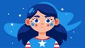 A little girl with a serious expression as she gets a shimmering blue background painted on her face anticipating the