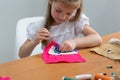 little girl sewing things by herself Royalty Free Stock Photo