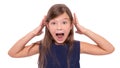 Little girl in shock or stress on white background.