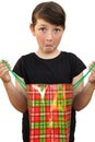 Little girl with shopping bags on white background Royalty Free Stock Photo