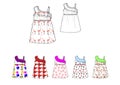 Little girl Shoulder drop dress in various printed design fabric illustration