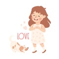 Little Girl Showing Love Sense Standing Near Puppy Vector Illustration Royalty Free Stock Photo