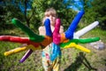 Little girl showing painted hands, focus on hands. Hand prints Royalty Free Stock Photo