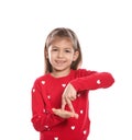 Little girl showing STAND gesture in sign language