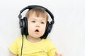 Little girl singing song with headphones Royalty Free Stock Photo