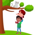 Little Girl Sits On The Boy Shoulders And Pulls Her Hands To Cat Sitting On Tree Vector Flat Cartoon Illustration Royalty Free Stock Photo