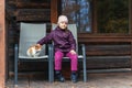 A little girl sits with a ginger cat on the porch of a country wooden house Royalty Free Stock Photo