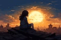 little girl sits on house roof and looking to the moon AI generated Royalty Free Stock Photo