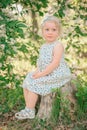 A little girl sits on a stump in a park near a flowering apple tree Royalty Free Stock Photo