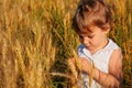 Little girl sits on wheaten field Royalty Free Stock Photo