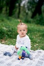 Little girl sitting on a blanket on a green meadow with a soft toy Royalty Free Stock Photo