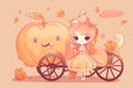 A little girl sitting in a carriage next to a pumpkin. Generative AI image.