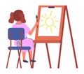 Little girl sitting on the chair and drawing aquarell paints on large sheet, education concept