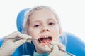 Little girl sitting in the dentists office Royalty Free Stock Photo