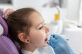 Little girl sitting in the dentists office Royalty Free Stock Photo