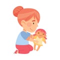 Little Girl Sitting on the Floor and Playing with Toy Doll in Kindergarden Vector Illustration