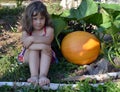 Baby, girl, summer, garden, Sunny day, orange vegetables, yellow, pumpkin, big crop, plant growth, close up, grass, warm, autumn, Royalty Free Stock Photo