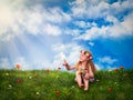 Little girl sitting on green grass and squinting in the sun. The child keeps on hand a butterfly and a bouquet of flowers. Royalty Free Stock Photo