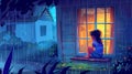 Little girl sitting at her house window watching rainy weather. Boring child spends time at home, outside view of
