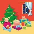 The little girl is sitting with her a new doll on floor near christmas tree with gifts Royalty Free Stock Photo