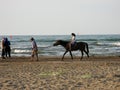 Little girl sitting on a horse by the shores of Lake Caspian. Royalty Free Stock Photo