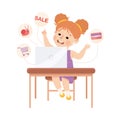 Little Girl Sitting at Laptop Making Purchase and Shopping Online Using Smart Technology Vector Illustration Royalty Free Stock Photo