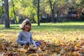 Little girl sitting on leaves in autumn park Royalty Free Stock Photo