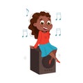 Little Girl Sitting on Music System and Singing Vector Illustration