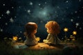 Little girl sitting in a park in the night sky with stars, moon and clouds Royalty Free Stock Photo