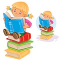 Little girl is sitting on a pile of books and reading another book Royalty Free Stock Photo